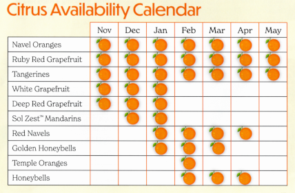 Fruit Calendar:  November:  Navel Oranges, Fall Tangerines, Red, White and Deep Red Seedless Grapefruit;  December: Navel Oranges, Tangerines, Red, White and Deep Red Seedless Grapefruit, Sol Zest Mandarins; January:  Golden Honeybells, Navel Oranges, Red Cara Cara Navel Oranges, Tangerines, Red, White and Deep Red Seedless Grapefruit, Sol Zest Mandarins; February:  Temple Oranges, Golden Honeybells, Tangerines, Honeybells, Navel Oranges, Red Cara Cara Navel Oranges, Ruby Red Seedless Grapefruit; March:  Golden Honeybells, Tangerines, Honeybells, Navel Oranges, Red Cara Cara Navel Oranges, Ruby Red Seedless Grapefruit; April:  Honeybells, Navel Oranges, Red Cara Cara Navel Oranges, Tangerines, Ruby Red Seedless Grapefruit;  May: Navel Oranges, Red Cara Cara Navel Oranges, Tangerines, Ruby Red Grapefruit.