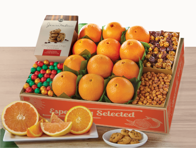 Fruit and snacks gift box with Navel Oranges plus cookies, chocolates, nuts and crunchy snack mix.